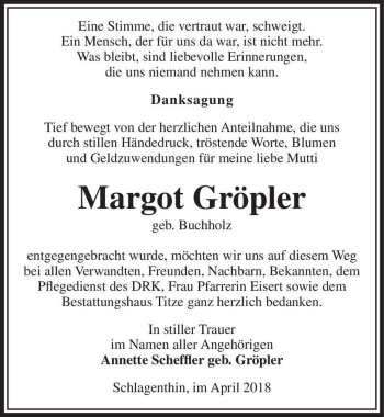 Traueranzeige von Margot Gröpler (geb. Buchholz)  von Magdeburger Volksstimme