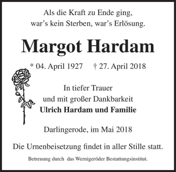 Traueranzeige von Margot Hardam  von Magdeburger Volksstimme