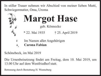 Traueranzeige von Margot Hase (geb. Könnecke)  von Magdeburger Volksstimme