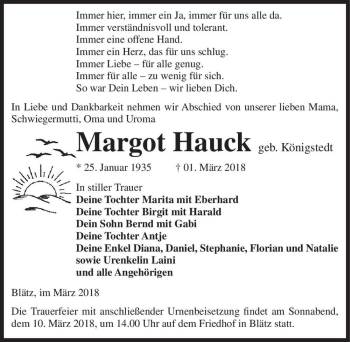Traueranzeige von Margot Hauck (geb. Königstedt)  von Magdeburger Volksstimme