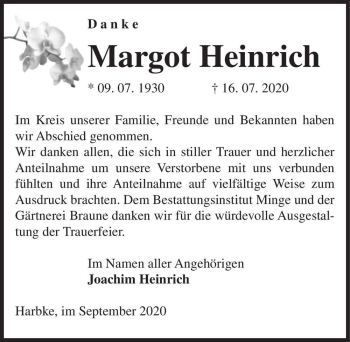 Traueranzeige von Margot Heinrich  von Magdeburger Volksstimme