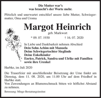 Traueranzeige von Margot Heinrich (geb. Markwort)  von Magdeburger Volksstimme