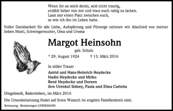 Traueranzeige von Margot Heinsohn (geb. Schulz)  von Magdeburger Volksstimme