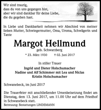 Traueranzeige von Margot Hellmund (geb. Schwarzberg)  von Magdeburger Volksstimme