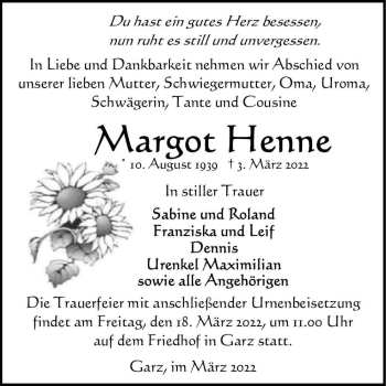 Traueranzeige von Margot Henne  von Magdeburger Volksstimme