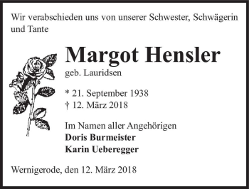 Traueranzeige von Margot Hensler (geb. Lauridsen)  von Magdeburger Volksstimme