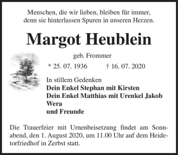 Traueranzeige von Margot Heublein (geb. Frommer)  von Magdeburger Volksstimme