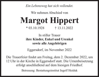 Traueranzeige von Margot Hippert  von Magdeburger Volksstimme