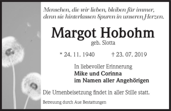 Traueranzeige von Margot Hobohm (geb. Slotta)  von Magdeburger Volksstimme