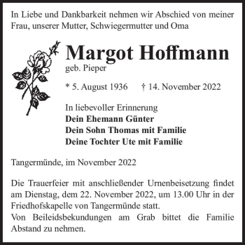 Traueranzeige von Margot Hoffmann (geb. Pieper)  von Magdeburger Volksstimme