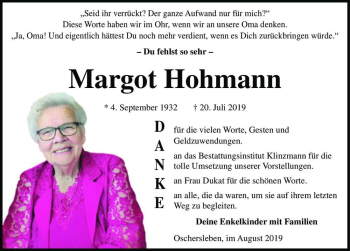 Traueranzeige von Margot Hohmann  von Magdeburger Volksstimme