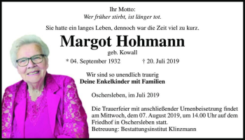 Traueranzeige von Margot Hohmann (geb. Kowall)  von Magdeburger Volksstimme