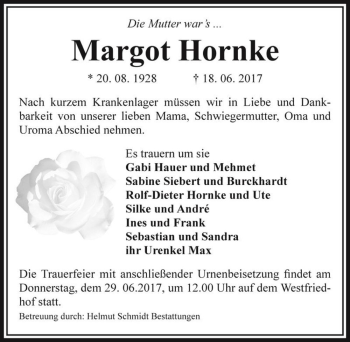 Traueranzeige von Margot Hornke  von Magdeburger Volksstimme