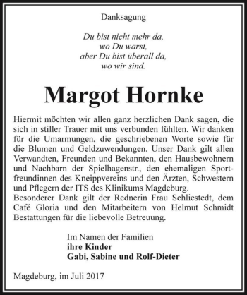 Traueranzeige von Margot Hornke  von Magdeburger Volksstimme