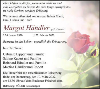 Traueranzeige von Margot Händler (geb. Gauert)  von Magdeburger Volksstimme
