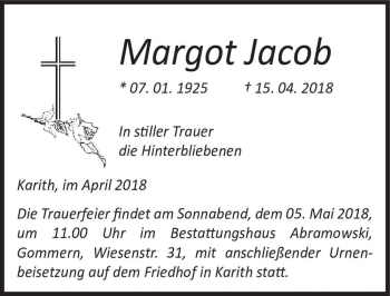 Traueranzeige von Margot Jacob  von Magdeburger Volksstimme
