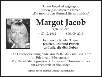 Traueranzeige von Margot Jacob (geb. Brücke)  von Magdeburger Volksstimme