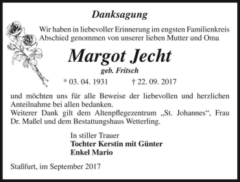 Traueranzeige von Margot Jecht (geb. Fritsch)  von Magdeburger Volksstimme