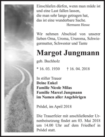 Traueranzeige von Margot Jungmann (geb. Buchholz)  von Magdeburger Volksstimme