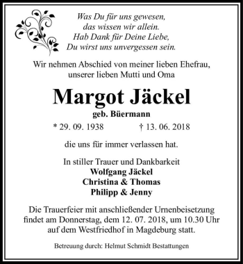 Traueranzeige von Margot Jäckel (geb. Büermann)  von Magdeburger Volksstimme