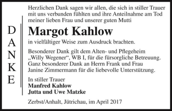 Traueranzeige von Margot Kahlow  von Magdeburger Volksstimme