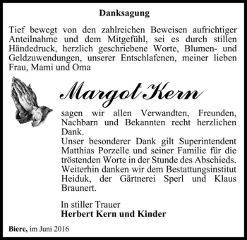 Traueranzeige von Margot Kern  von Magdeburger Volksstimme