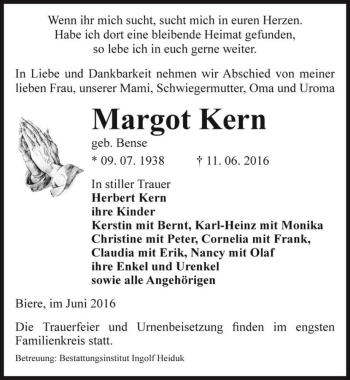 Traueranzeige von Margot Kern (geb. Bense)  von Magdeburger Volksstimme