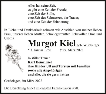 Traueranzeige von Margot Kiel (geb. Wildberger)  von Magdeburger Volksstimme