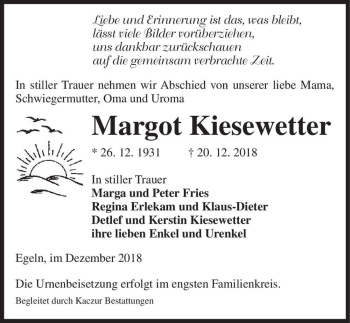 Traueranzeige von Margot Kiesewetter  von Magdeburger Volksstimme