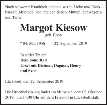 Traueranzeige von Margot Kiesow (geb. Bohn)  von Magdeburger Volksstimme