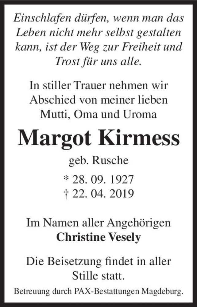  Traueranzeige für Margot Kirmes (geb. Rusche)  vom 27.04.2019 aus Magdeburger Volksstimme
