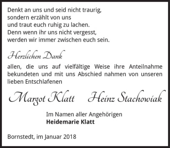 Traueranzeige von Margot Klatt und Heinz Stachowiak  von Magdeburger Volksstimme