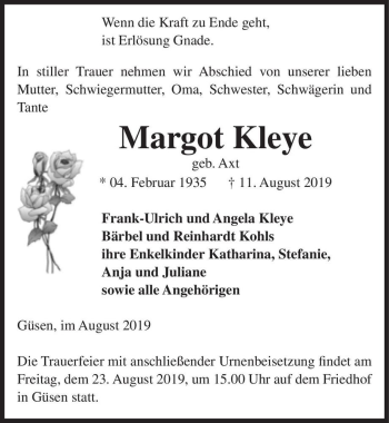 Traueranzeige von Margot Kleye (geb. Axt)  von Magdeburger Volksstimme