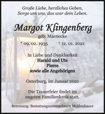 Traueranzeige von Margot Klingenberg (geb. Maenecke)  von Magdeburger Volksstimme