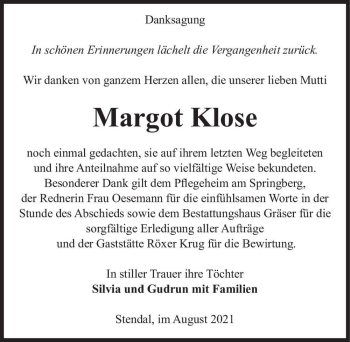 Traueranzeige von Margot Klose  von Magdeburger Volksstimme