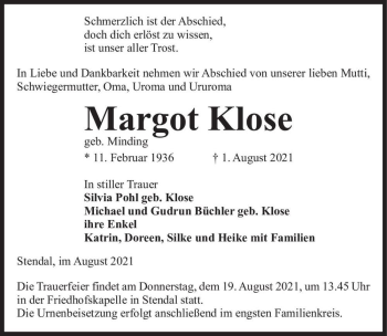 Traueranzeige von Margot Klose (geb. Minding)  von Magdeburger Volksstimme