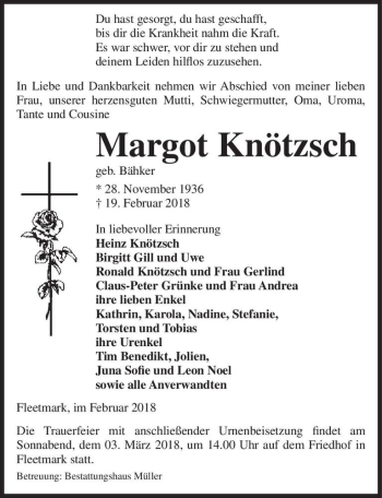 Traueranzeige von Margot Knötzsch (geb. Bähker)  von Magdeburger Volksstimme
