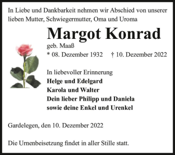 Traueranzeige von Margot Konrad (geb. Maaß)  von Magdeburger Volksstimme