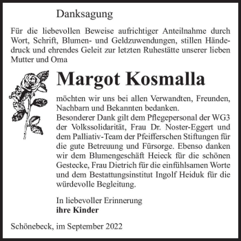 Traueranzeige von Margot Kosmalla  von Magdeburger Volksstimme