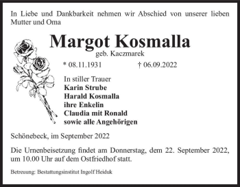 Traueranzeige von Margot Kosmalla (geb. Kaczmarek)  von Magdeburger Volksstimme