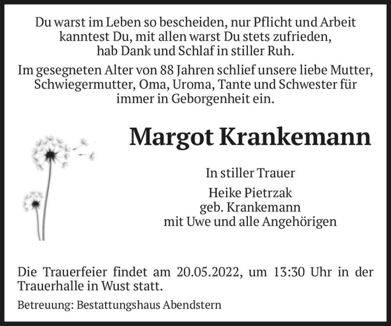  Traueranzeige für Margot Krankemann  vom 07.05.2022 aus Magdeburger Volksstimme