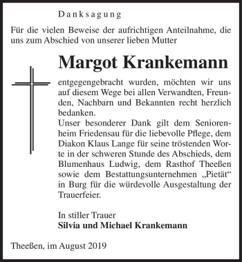 Traueranzeige von Margot Krankemann  von Magdeburger Volksstimme