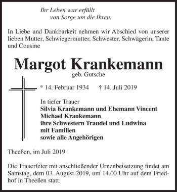 Traueranzeige von Margot Krankemann (geb. Gutsche)  von Magdeburger Volksstimme