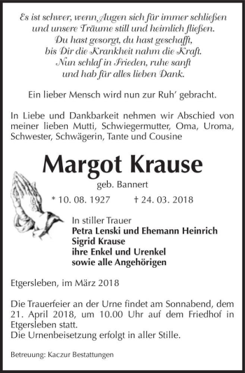 Traueranzeige von Margot Krause (geb. Bannert)  von Magdeburger Volksstimme