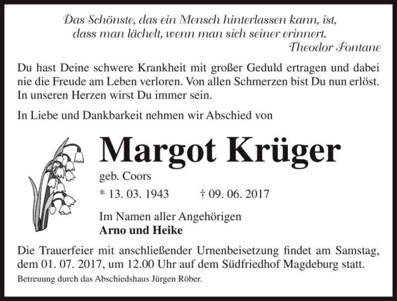  Traueranzeige für Margot Krüger (geb. Coors)  vom 17.06.2017 aus Magdeburger Volksstimme
