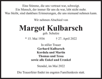 Traueranzeige von Margot Kulbarsch (geb. Schulze)  von Magdeburger Volksstimme