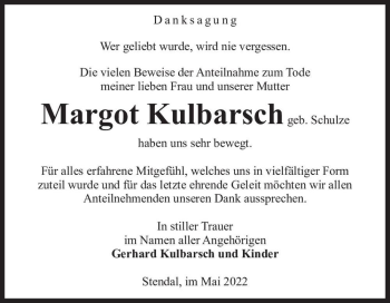 Traueranzeige von Margot Kulbarsch (geb. Schulze)  von Magdeburger Volksstimme
