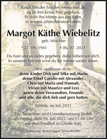 Traueranzeige von Margot Käthe Wiebelitz (geb. Mischke)  von Magdeburger Volksstimme