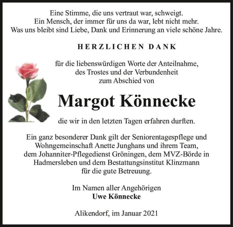  Traueranzeige für Margot Könnecke  vom 16.01.2021 aus Magdeburger Volksstimme