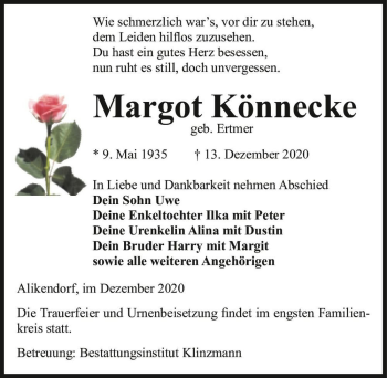 Traueranzeige von Margot Könnecke (geb. Ertmer)  von Magdeburger Volksstimme